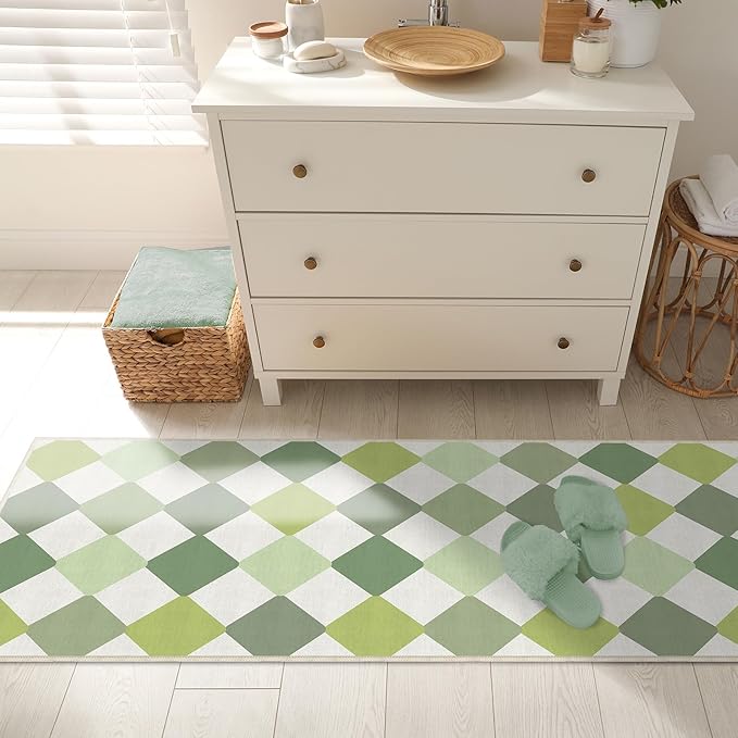 Green Checkered Washable Runner for Hallway Bedroom 2x6 Modern Non Slip Rug Low Pile Indoor Floor