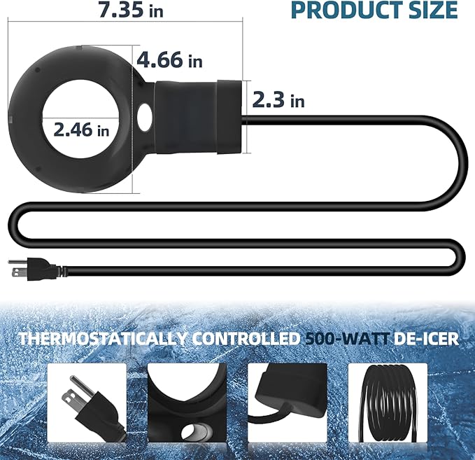 Upgraded 500-Watt Chicken Water Heater - Submergible Cast Aluminum Utility De-Icer with Black Teflon Coating for Livestock Tanks, Winter Bird Bath, and Mineral Buildup Resistance