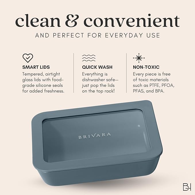 Ceramic Coated Glass Food Storage Containers | No PTFE, PFOA, PFAS, and BPA | Reusable Non Toxic Meal Prep Containers with Glass Lids | Easy To Store | 10 Piece Set [Dusk]