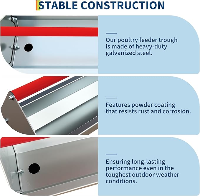 GarveeLife Large Chicken Feeder Trough 45" Long, Heavy Duty Galvanized Steel Metal Feeder for Chicken, Duck with Drainage Holes & Crossbar, Poultry Feeding Trough Red