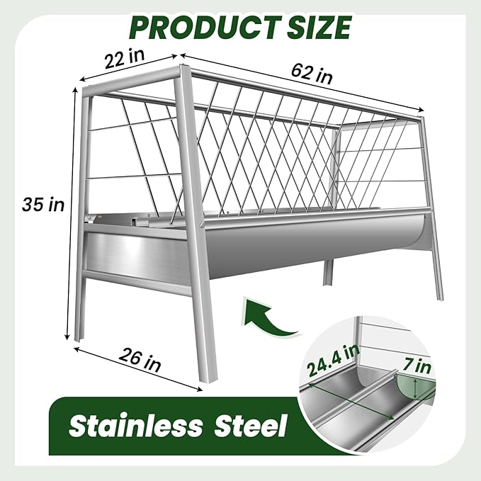 Hay Feeder Goat, 90 Gallon Large Capacity Goat Hay Feeder, Hay Rack for Goats, Sheep, Horse, Detachable Grain Tray, Easy Assembly in Farm (Stainless Steel)