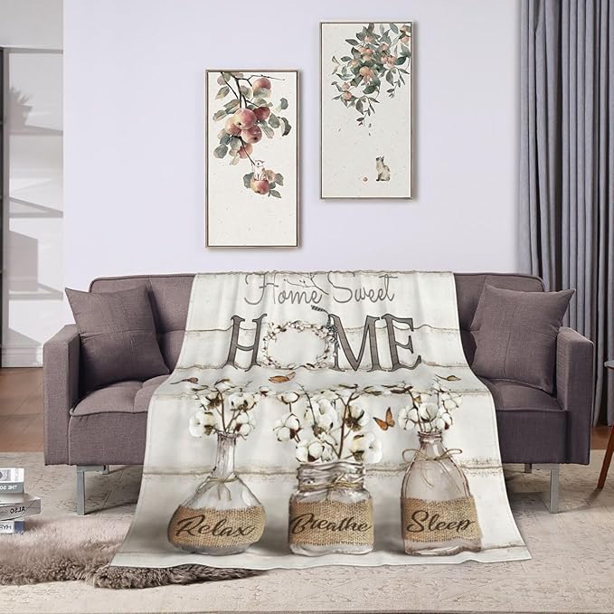 Farmhouse Floral Blanket for Women Girls Ultra Soft Cozy Cotton Flower Throw Blanket Fleece Fuzzy Plush Bedding Blanket Flower Gifts for Women Girls Kids Adults Couch Sofa 60"x50"