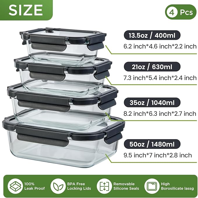 Glass Food Storage Containers with Glass Lids, 4 Pack Meal Prep Container with Airtight Lids, Microwave Safe Food Container Set, BPA Free, LeakProof, Ideal for Lunch