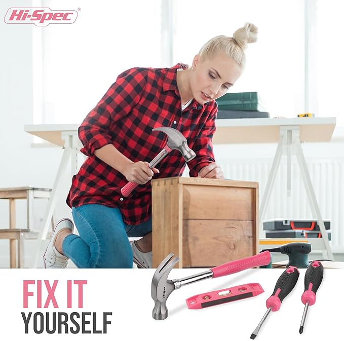Hi-Spec Tool Kit, General Household Hand Tool Set with Toolbox Storage Case, All-in-One Compact Toolkit for DIY & Dorm Use, Pink