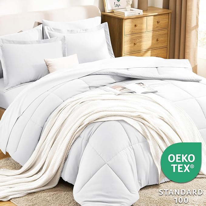 CozyLux Queen Comforter Set White - 7 Pieces Bed in a Bag Queen, All Season Breathable Bedding Sets, Oeko-Tex Certified Bed Set with Down Alternative Comforter, Sheets, Pillowcases & Pillow Shams