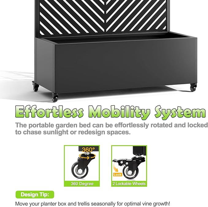 15.7"×70.9"×35.4" Metal Raised Garden Bed with Trellis and Wheels - Tall Trellis Planter Box for Climbing Plants, Vegetables & Vines - Outdoor Privacy Planters for Patio (Black-Parallel)