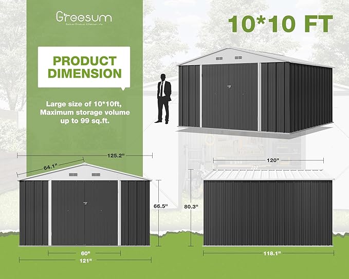 Greesum 10x10FT Outdoor Storage Shed, Utility Tool Shed Metal Storage Shed with Door & Lock for Patio Storage, Garden, Lawn, Gray