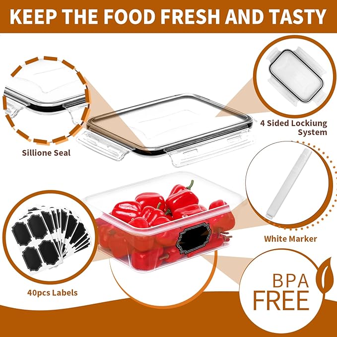 PRAKI 48 Pack Food Storage Containers with Airtight Lids (24 Containers & 24 Lids), Kitchen storage containers for Pantry Organizers and Storage, Meal Prep Container with Labels & Marker