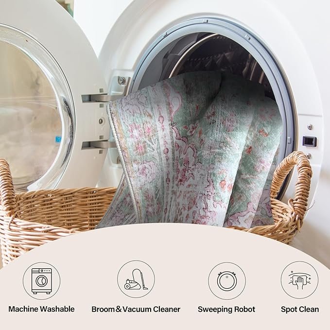 Vhong Washable Area Rugs Boho Vintage Modern Neutral Large Carpet Green and Pink High Traffic Rugs 5×7 for Dinning Room Living Room Bedroom Farmhouse Non Slip