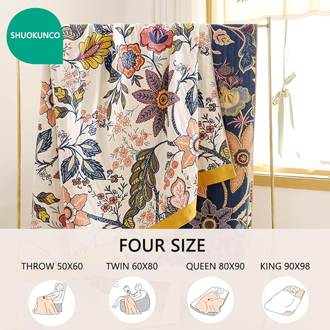 Boho Throw Blanket for Bed 100% Cotton Ultra Soft Rustic Quilt Fall Blanket Bird Floral Printed Farmhouse Decor Bed Blankets,60"×80" All Season Rustic Throw for Sofa Couch Chair
