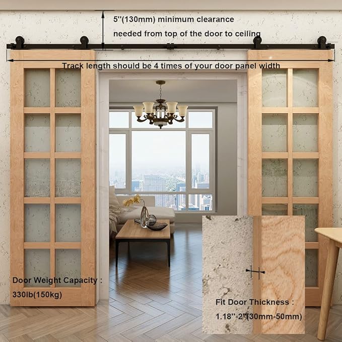 CCJH 5.5FT Sliding Barn Door Hardware Kit Heavy Duty Smoothly and Silently Easy to Install Fit 16" Width Double Door Panel T-Shaped Style Black