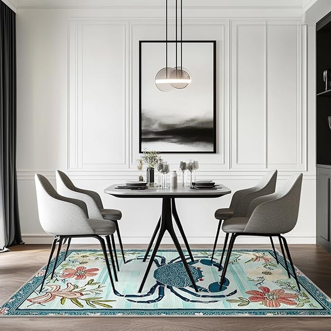 5x7 Crab Area Rugs Boho Teal Rug for Living Room Indoor Soft Non-Slip Thin Large Carpet Floral Flower Rugs for Bedroom Home Decor Under Table Washable Machine