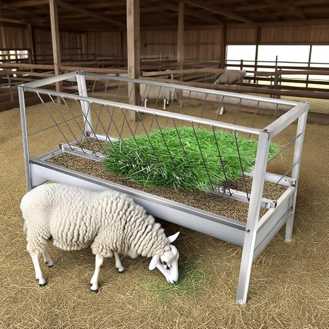 5 Ft Long Goat Hay Feeder, 88 Gallon Feeding Tray for Livestock Feeder, 2 in 1 Hay Feeder for Goats, Feeding Goats, Sheep and Ponies, for Farms, Sheep Sheds (Galvanized)