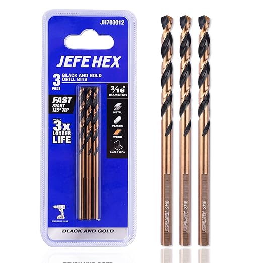 JEFE HEX 3/16 Inch Twist Drill Bit with 3-Flat Shank, High Speed Steel, 135 Degree Split Point, Ideal for Steel/Aluminum/Zinc Alloy/Wood/Plastic, General Purpose Use (3-Piece)
