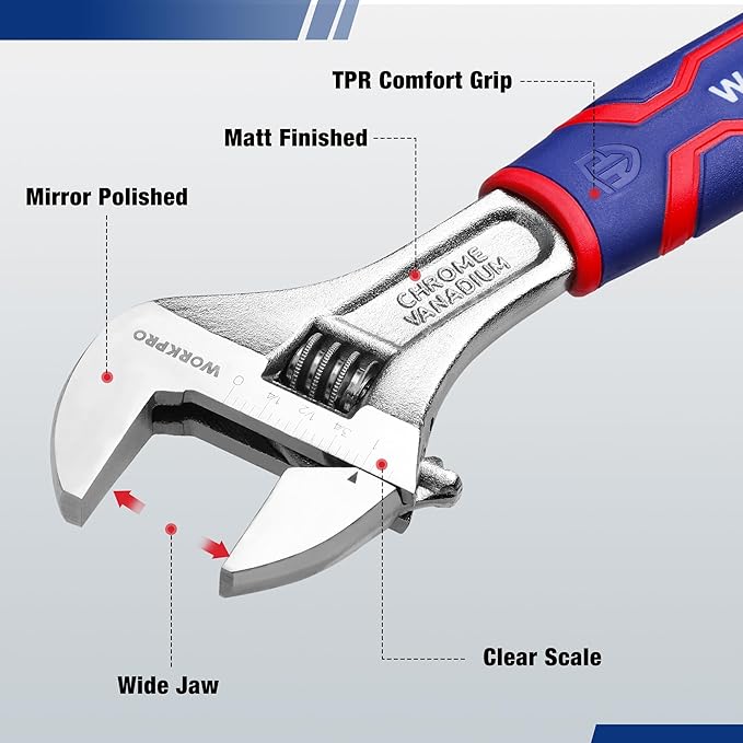 WORKPRO 8-inch Adjustable Wrench, Wide Jaw Opening Wrench with Rubber Anti-slip grip, Metric/SAE Scales, Premium Cr-V Steel, Chrome Plated
