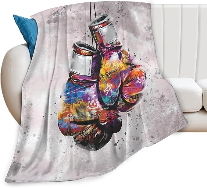 Boxing Blanket Gifts for Boys Men Soft Warm Plush Banksy Graffiti Boxing Gloves Sport Throw Blanket Flannel Fleece Fuzzy Sports Theme Blanket for Adults Lovers Bed Couch Living Room Decor 80"X60"
