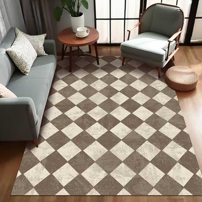Washable Checkered Brown Neutral Diamond Geometry Area Rugs 5x7 Modern Soft Large Carpet for Living Room Entryway Bedroom Farmhouse Non-Slip
