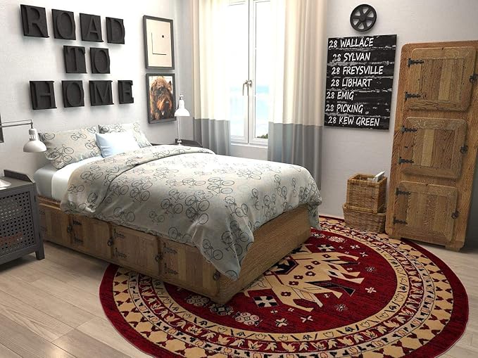 Unique Loom Taftan Collection Border Geometric Tribal Inspired Design Area Rug (8' 0 x 8' 0 Round, Red/ Gold)