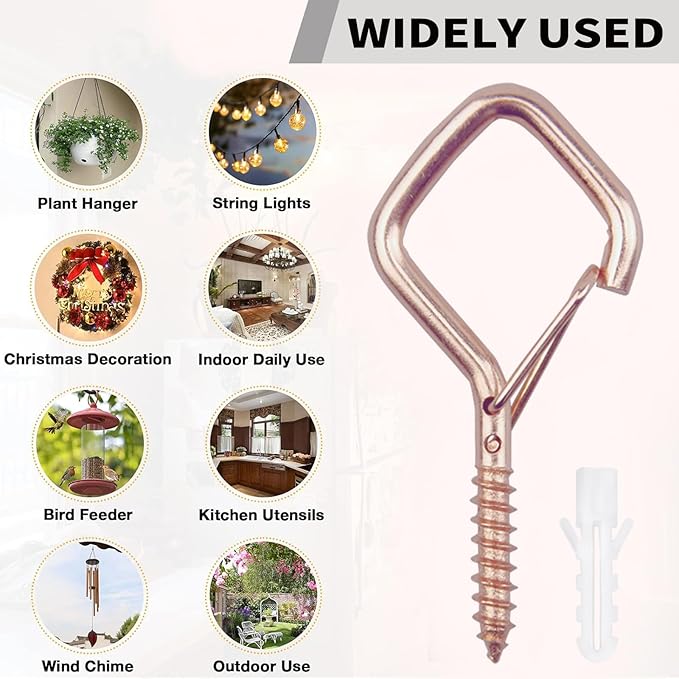 50 PCS Rose Gold Eye Screw Hooks for Hanging Heavy Duty with Safety Buckle.Metal Ceiling Hooks for Hanging Plants Cup Wind Chime Bird Feeders Patio Lights at Indoor&Outdoor
