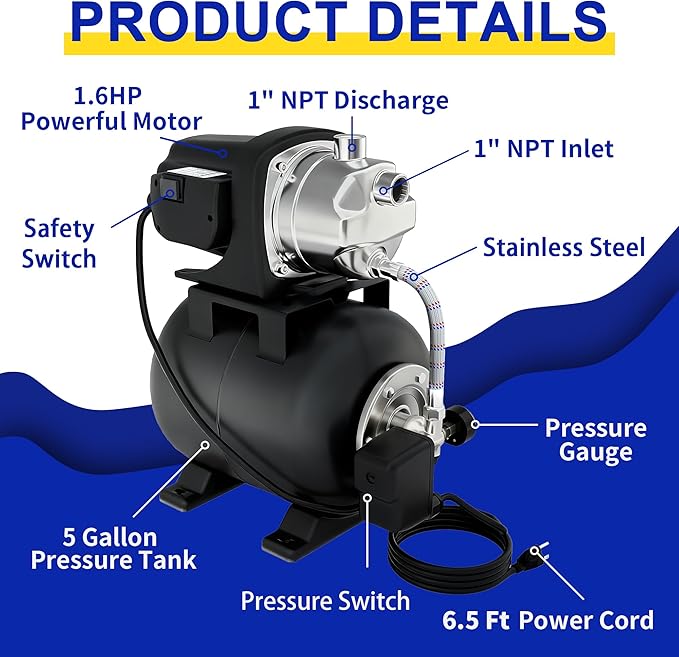 LANCHEZ 1.6HP Shallow Well Pump with Pressure Tank, 1340GPH Automatic Irrigation Water Booster Jet Pump, 115V Stainless Steel Water Transfer Pump for Home Garden Lawn Sprinkler Irrigation