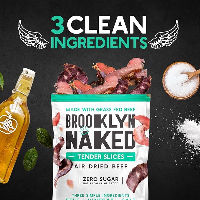 Brooklyn Naked Tender Slices Air Dried Grass Fed Beef Snack, Stripped down Clean Beef Jerky (2oz, Pack of 8) - AIP, Approved, Whole30 Approved, Paleo, Keto, Gluten Free, Sugar Free, Made in USA - (Naked Classic)