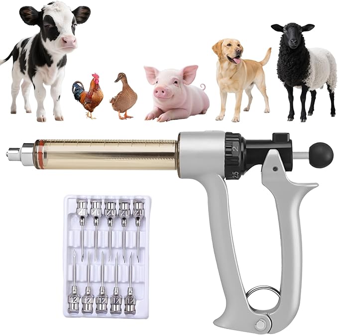 25ML Livestock Syringe Gun, 5 Gears Adjustable Continuous Repeating Luer Lock Syringe, for Chickens, Ducks, Goose, Pig Bull Sheep, Large And Small Animals