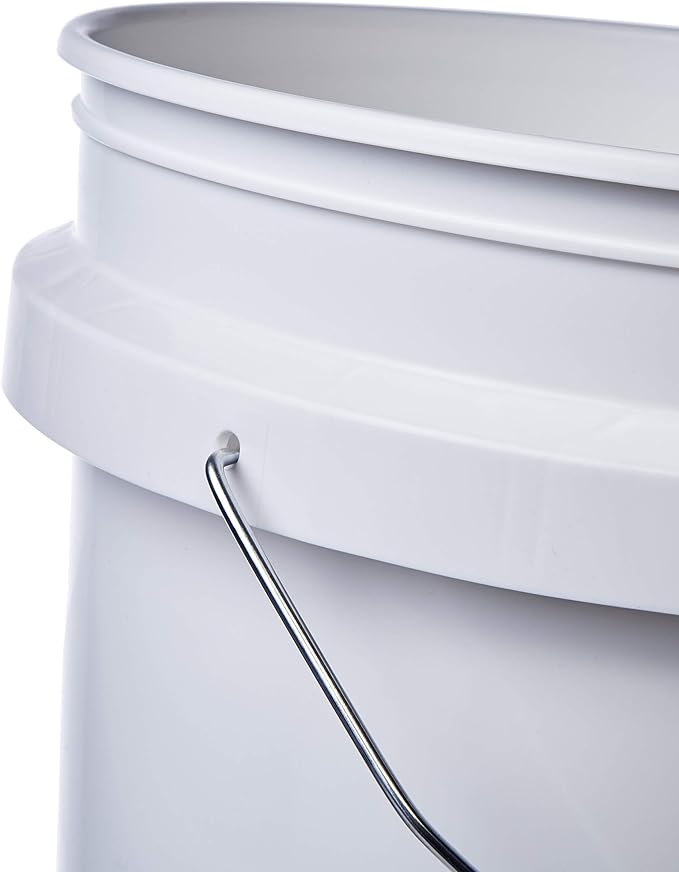 Consolidated Plastics 5 Gallon White Food Grade Buckets with Bottom Grip Handle & Gamma Seal Lids, BPA Free Container Storage, Durable HDPE Pails, Made in USA (6 Pack, Blue Lids)