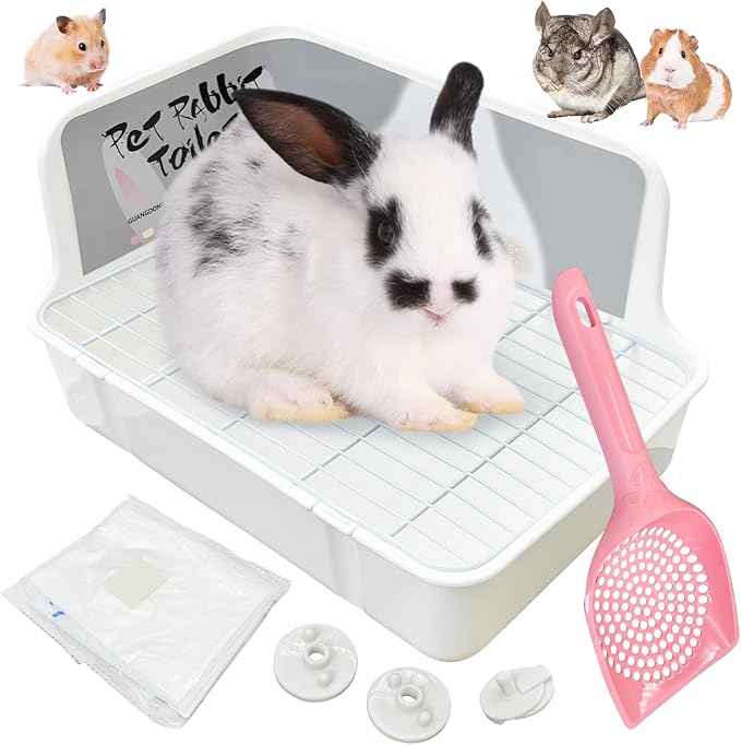 Tfwadmx Rabbit Litter Box Bunny Corner Litter Pan Pet Bedding Litter Box with Grate Small Animal Toilet Potty Trainer for Rabbit Bunny Chinchilla Guinea Pig Ferret (White)