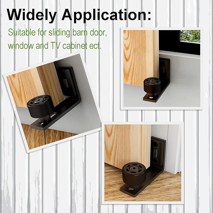 Sliding Barn Door Floor Guide Wall Mount Hardware Adjustable Stay Rollers, Smooth Wheels Flush Bottom Countersunk Holes Black 2 Pack