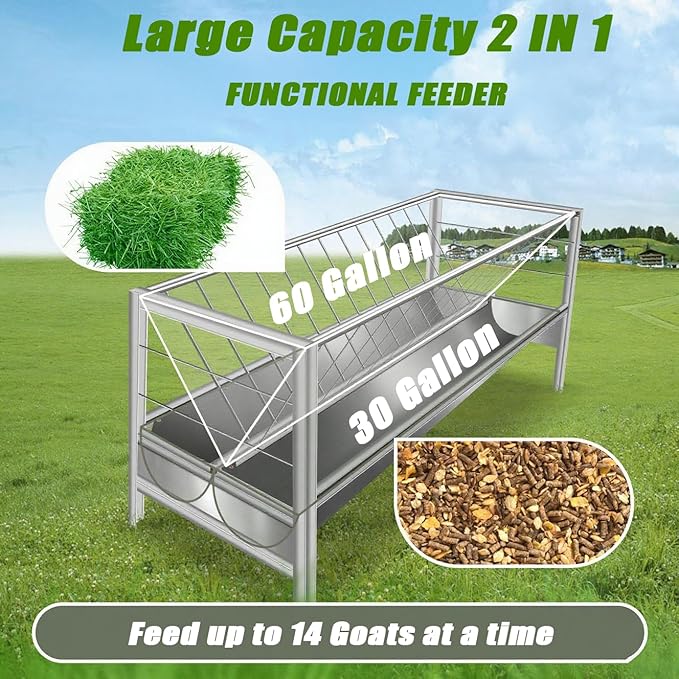 2-in-1 Goat Hay Feeder, Stainless Steel Livestock 90 Gallon Hay Feeder with 30 Gallon Feeding Pan, Detachable Hay Rack for Sheep, Cow & Horse, Easy to Assemble, Silver