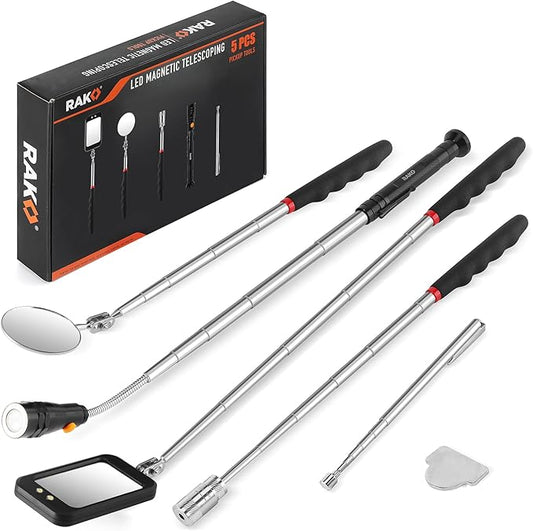 RAK Magnetic Pickup Tool Set Gifts for Men - 5Pcs with 360 Swivel Inspection Mirrors, Telescoping Magnet Pickup Tool, Flexible LED Flashlight, Mechanic Tools & Cool Gadgets for Men, Dad, Husband