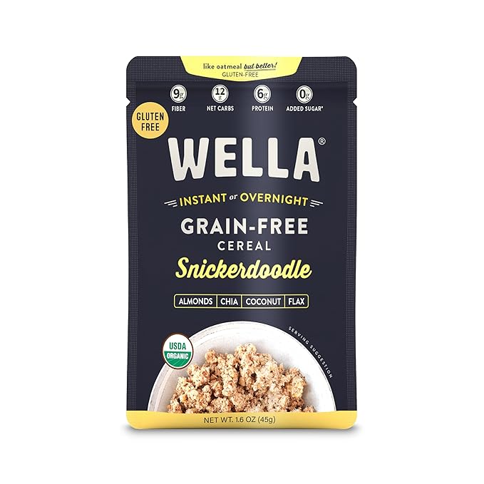 Wella Cereal Oatmeal Alternative, Gluten-Free Breakfast Hot Cereal, Grain-Free Paleo Organic Vegan High Protein Superfood, Plant-Based Non-GMO, Low in Net Carbs, Single-Serve Packets, Snickerdoodle Flavor (10 Count, 1.6 oz. Packets)