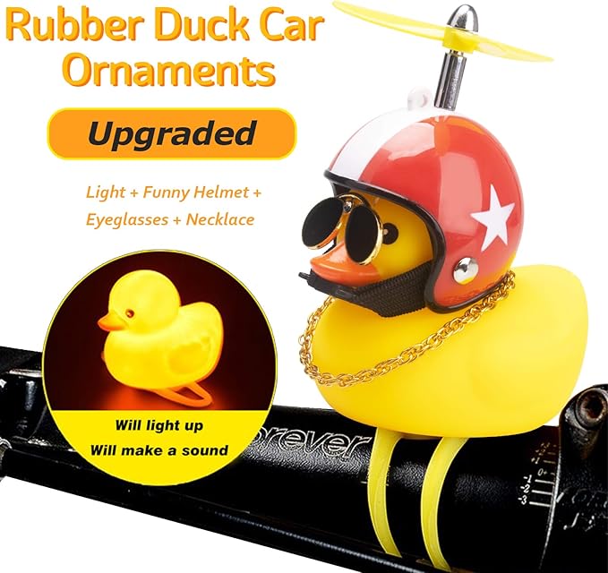 wonuu Rubber Duck Toy Car Ornaments Yellow Duck Car Dashboard Decorations Squeeze Duck Bicycle Horns with Propeller Helmet