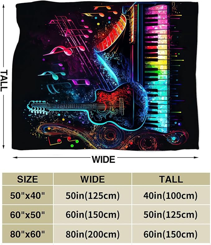 Colorful Guitar Blanket Ultra Soft Cozy Music Note Piano Throw Blanket Fleece Fuzzy Plush Bedding Rock Musical Instrument Gifts for Women Girls Kids Adults 50"x40"
