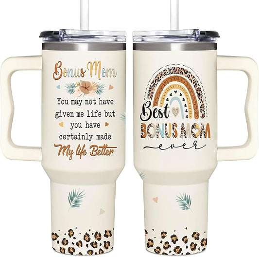 Bonus Mom Gifts - Stepmom Gift - Gifts For Step Mother - Bonus Mom Mothers Day, Christmas, Birthday Gift Ideas - Bonus Mother Cup Tumbler 40 Oz with Handle