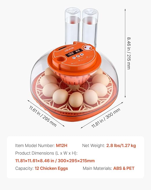 VEVOR 12 Egg Incubator, Automatic Egg Turner with LED Candler, Temperature & Humidity Control, 360° View Clear Window, Poultry Eggs Incubator for Home Farm, Hatching Chicks Ducks Goose Quail
