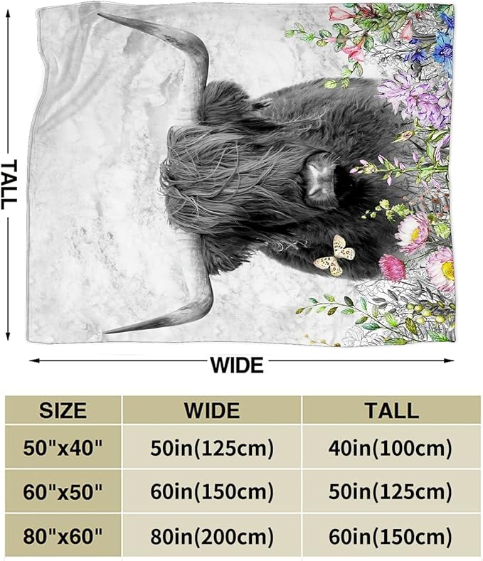 Cow Blanket for Girls Women Gifts for Cows Lovers Highland Cow and Floral Throw Blanket for Kids Adults Ultra Soft Cozy Fleece Blanket for Couch Sofa Bed 50"x60"