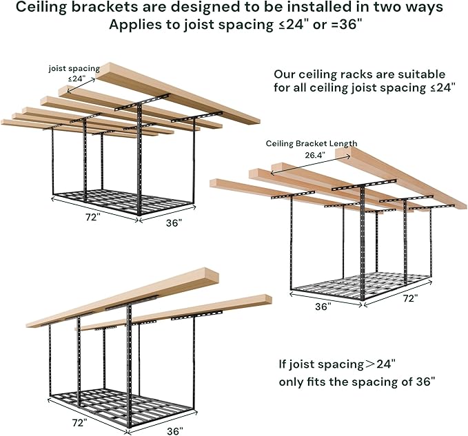 SunsGrove 3x6 Garage Storage Overhead Rack Organization, Adjustable Ceiling Mounted Storage Racks, 800LBS Weight Capacity, 22"-40" Ceiling Dropdown, 2 Pcs, Black