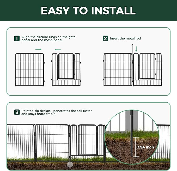 FXW Garden Fence Outdoor for The Yard – 32in(H) x 109.4ft(L) Heavy Duty Metal Animal Barrier for Dog and Rabbit, Decorative Dog Fence, 48 Panels, Black
