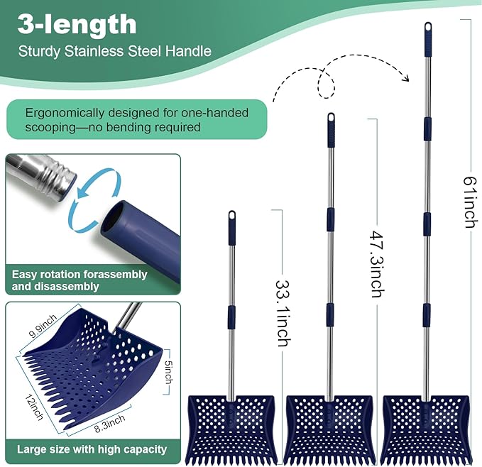 US Patent Pending 12-Inch 2-in-1 Chicken Poop Scooper & Rake,3-Shape Sifting Holes Chicken Coop Rake，Stainless Steel Handle （20–61"）– Litter Scooper & Sand Sifting Shovel for Chicken Coops（Blue）