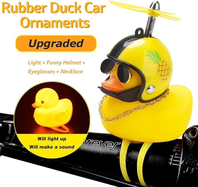 wonuu Rubber Duck Toy Car Ornaments Yellow Duck Car Dashboard Decorations Squeeze Duck Bicycle Horns with Propeller Helmet