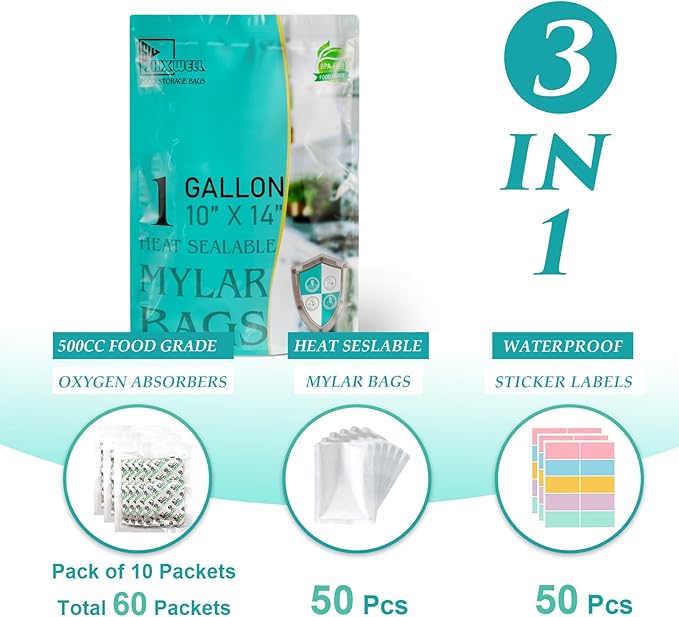 50pcs 1 Gallon Mylar Bags for Food Storage with Oxygen Absorbers 400CC (6 Packs of 10pcs) and Labels, 9.5 Mil 10"x14" Vacuum Sealer Bags Heat Sealable Bags for Long Term Food Storage(Extra Thick）