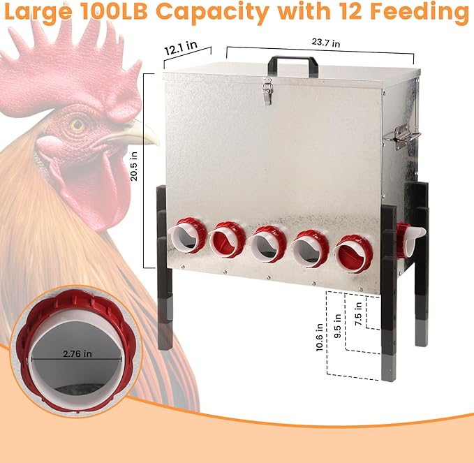 100LB Automatic Chicken Feeder with Cover – Large Capacity Metal Chicken Coop Feeder with 12 Feed Ports, Adjustable Legs Rainproof No Waste Outdoor Poultry Feeder for Hens & Free Range Flocks