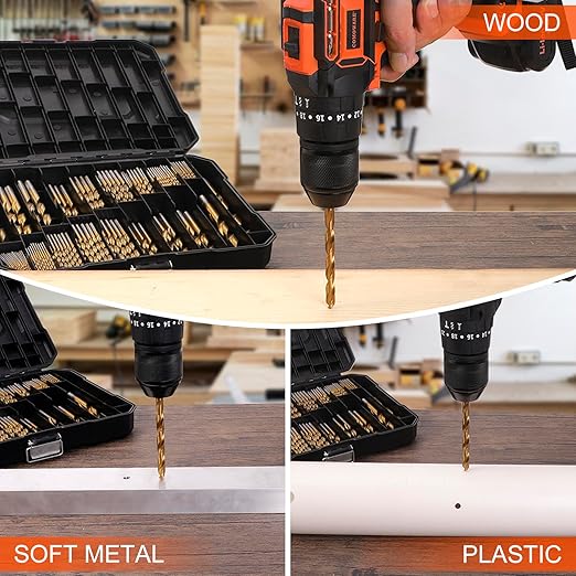 COMOWARE 230 Pcs Titanium Coated Drill Bit Set for Wood, Metal, Plastic & Aluminum Alloy - 3/64" to 1/2" with Storage Case