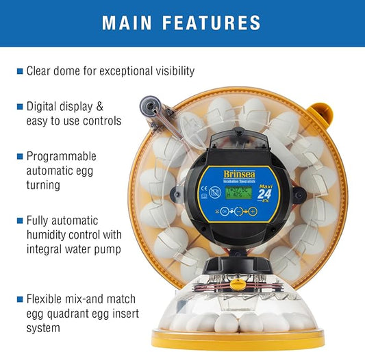 Brinsea Maxi 24 EX Egg Incubator with Automatic Humidity Control and Egg Turning for Hatching 24 Chicken, Duck, or Other Eggs, Optimal Flexibility with Mix & Match Sizes