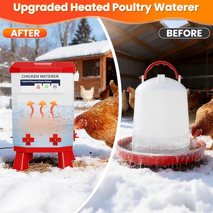 Nexum 2-Gallon Heated Chicken Waterer – All-Season Poultry Drinker with 4 Nipples and Stand, Keeps Clean & Unfrozen, Easy-Fill, Low Maintenance for Chickens, Ducks & Quail (Red, 7L)