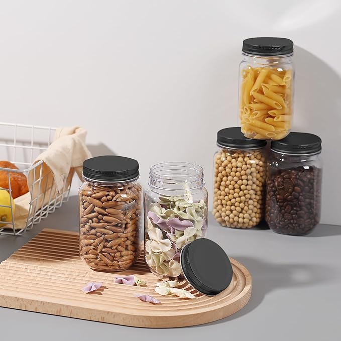 novelinks 16 oz Clear Plastic Jars with Screw-On Lids - BPA-Free Refillable Storage Containers for Slime, Food, Crafts, Kitchen & Household Use (20 Pack,Black)