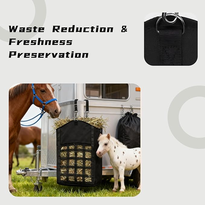 2 Pack Hay Bags for Horses,Goats,Sheep, Horse Hay Nets with Adjustable Straps, Large Top Opening Hook-and-Loop Seals, Durable Hay Feeder for Equine & Livestock