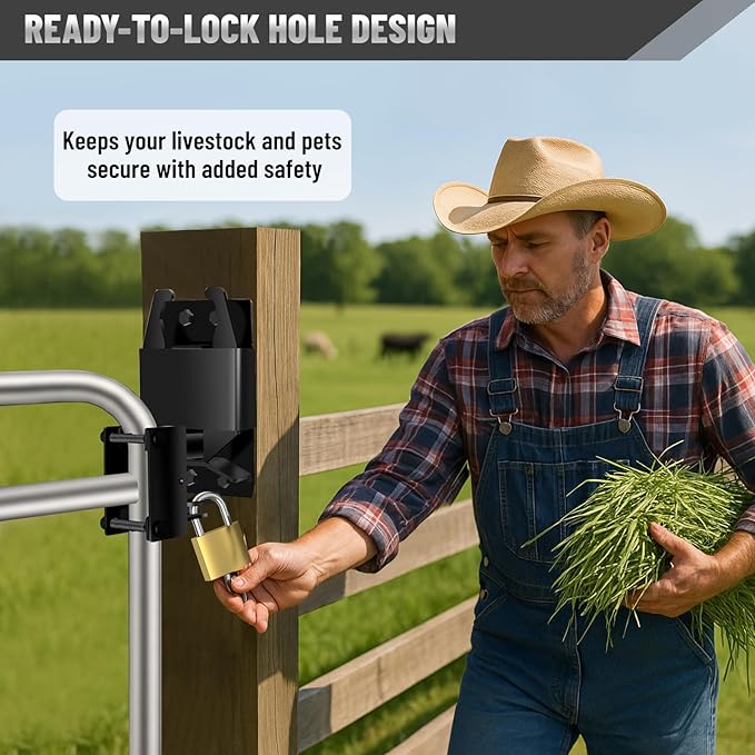 2 Pcs Farm Gate Latch, Heavy Duty 2 Way Gate Latch Lockable, Livestock Gate Latches for Metal Gates, Ranches, Farms, Stables, Horse Corrals, Pet Cages, Black Hardware with Screws