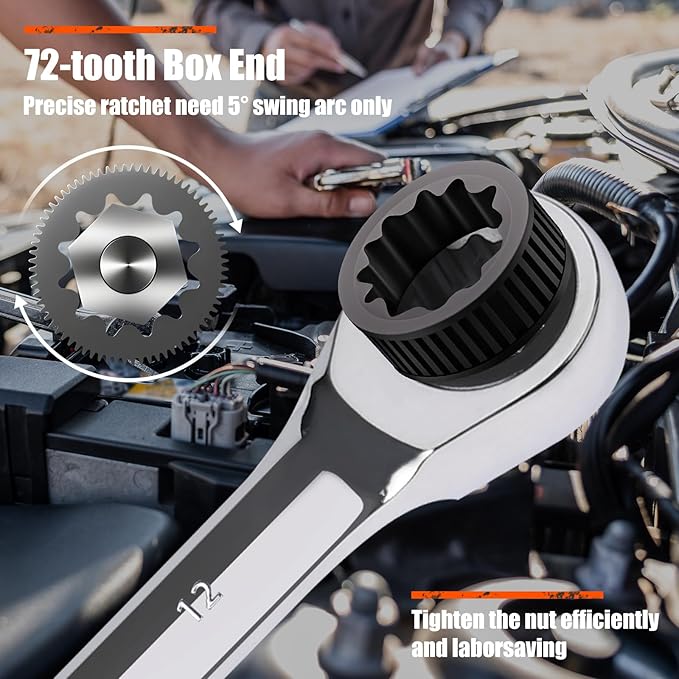 Egofine 9mm Ratcheting Combination Wrench Metric, Industrial Grade Gear Spanner with 12-Point Design, 72-Tooth Ratchet, Chrome Vanadium Steel